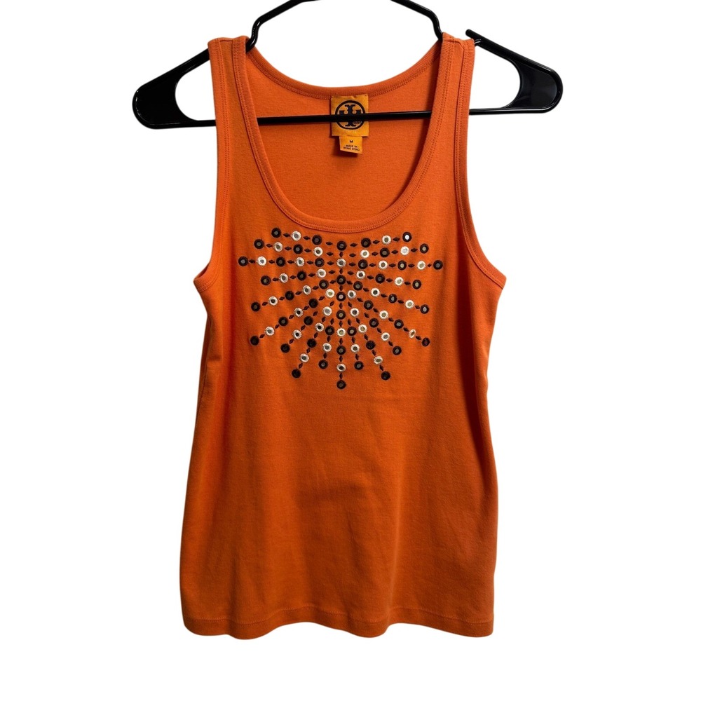 Tory Burch Womens Medium Orange Cotton Mirror Eyelet Embellished Tank Top